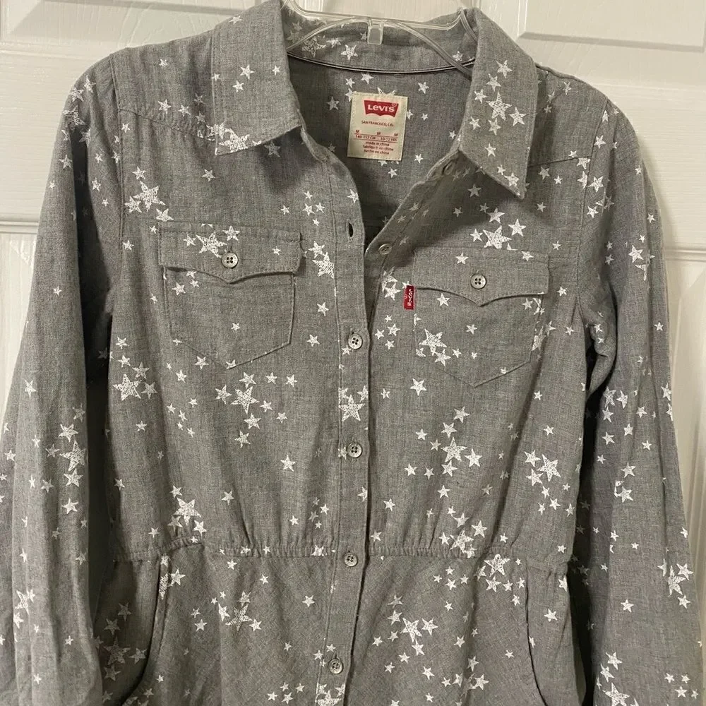 Levi’s Girls Shirt Dress Long Sleeve Gray Printed Stars Size M Youth (10-12) EUC